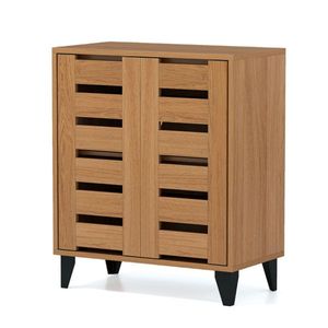 Scarpiera a 4 livelli in stile rustico con 2 ante a persiana e 3 ripiani regolabili (venatura del legno naturale) - Product Image 2