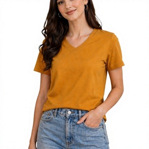 เสื้อยืดคอวีผู้หญิง ใยไผ่ 100% 140 GSM แขนสั้น รับทำโลโก้ แบรนด์ส่วนตัว - Product Image 1