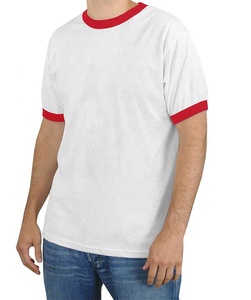 T-shirt blanc à manches courtes pour homme avec bordure contrastante rouge, coupe classique, jersey décontracté en coton, col rond, couleur unie - Product Image 1