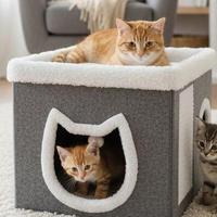 Maison pliable pour chat d'hiver, abri intérieur chaud et doux avec design simple, forme carrée en peluche, motif uni pour animaux de compagnie