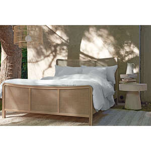 Contemporary Rounded Edge Rattan <b>Bed</b> | Natural Woven Cane Headboard Wooden <b>Bed</b> - Product Image 1