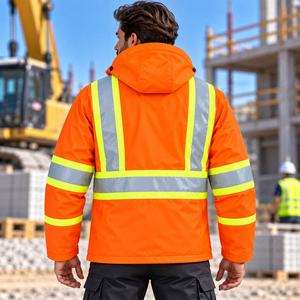 Men's High Visibility <b>Orange</b> Reflective Rain <b>Jacket</b> With Removable Hood Waterproof Workwear Safety Coat - Product Image 3