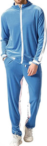 Premium Men's Velour Tracksuit Set: Classic Slate Blue Two-Piece <b>Athletic</b> Sweatsuit with Contrast Side Stripes - Product Image 4