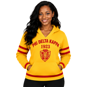 Sudadera con capucha PDK para mujer, roja y dorada, con corona de laurel, letras griegas, cuello en V, estilo universitario, manga a rayas, para hermandades - Product Image 1