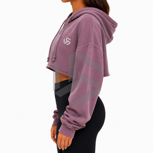 Women's <b>Cropped</b> <b>Zip</b>-<b>Up</b> Hoodie Solid Color Oversized Fleece Sweatshirt With Logo Front Autumn Casual Wear - Product Image 5
