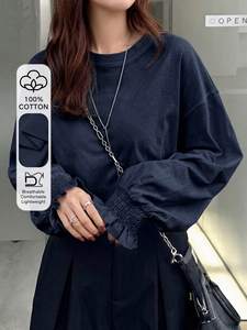 เสื้อผู้หญิงทรงหลวมแขนบอลลูนแบบใหม่ ปักโลโก้ตามสั่ง เสื้อยืดแขนยาว ปลายแขนยางยืด คุณภาพสูง ใส่ได้ทุกฤดู - Product Image 4