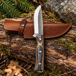 Couteau de chasse artisanal en acier D2 avec manche en bois de rose et étui en cuir, couteau à lame fixe pour le bushcraft, le camping et la survie - Product Image 1