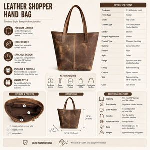 Genuine Leather Shopper Tote <b>Bag</b> for Women Vintage Hunter Leather Handbag with Zipper Closure and <b>Large</b> Capacity - Product Image 4