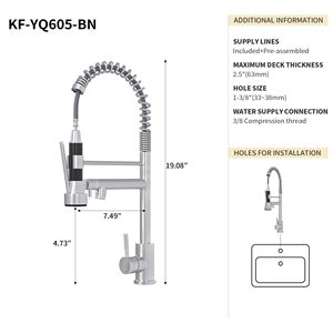 Rubinetto da cucina Bothwa Home da 19 pollici con maniglia singola, certificato CUPC, finitura nichel spazzolato - Product Image 3