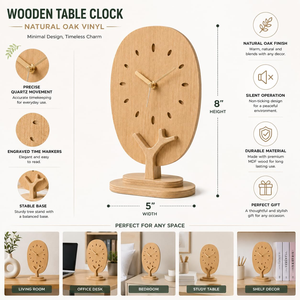 Reloj de Escritorio de Madera, Forma Ovalada, Base de Madera Natural, Movimiento de Cuarzo Silencioso, Diseño Minimalista, Reloj Decorativo de Mesa - Product Image 4