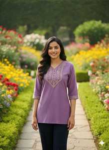 Indian Maroon Slub Cotton Tunic With Embroidered Neck and Cuffs Regular Fit Knee Length Traditional Indian Pakistani Casual Wear - Product Image 3