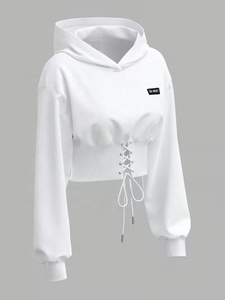 Sudadera Corta con Capucha para Mujer, Color Sólido, Elegante, Blanca, Manga Larga, con Cordones Delanteros, Estilo Casual, Tejido de Algodón para Otoño - Product Image 1