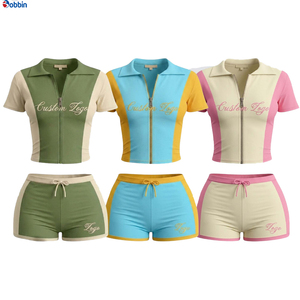 Conjunto deportivo de 2 piezas para mujer, en bloques de color rosa y beige, de moda y gran venta, con top de manga corta con cremallera y logotipo bordado. - Product Image 5