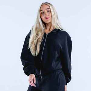 <b>Women's</b> Black Zipper-Up Cropped <b>Sweatshirt</b> Full Sleeve Solid Color Knitted Cotton Autumn Wear <b>V</b>-<b>Neck</b> Breathable Style - Product Image 5