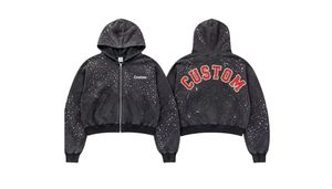 Sweat à capuche personnalisé avec impression et logo rouge, en molleton de coton, coupe oversize à épaules tombantes, style boxy, broderie vieillie et strass - Product Image 3