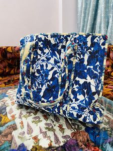 Blue Botanical Handmade Quilted Cotton <b>Boho</b> Style Drawstring Closure Lightweight Shoulder Carry Tote <b>Bag</b> for Women Bulk Export - Product Image 3
