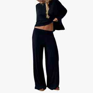 Factory Hot-Sale Women 2 Piece Loose <b>Knitted</b> <b>Set</b> Black O-Neck Long Sleeve Top With Wide Leg Pants Casual All Seasons Wear <b>Set</b> - Product Image 1