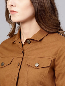 Chaqueta de mezclilla marrón de talla grande con botones y flecos para mujer, transpirable, de punto, al por mayor, a la moda - Product Image 3