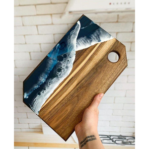 Planche à découper ronde de luxe en bois d'acacia et résine époxy avec poignée, faite à la main, motif vague océanique, pour charcuterie et fromages, pour la cuisine - Product Image 2