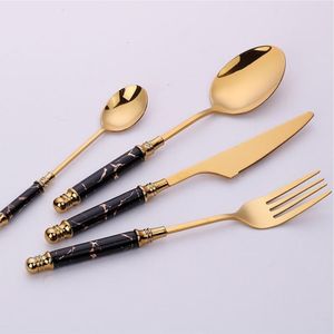 Juego de cubiertos de acero inoxidable personalizado, chapado en oro, con mango de resina de mármol negro, juego de vajilla, cuchara, tenedor, cuchillo, utensilios de mesa - Product Image 1
