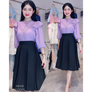 <b>Women's</b> Wholesale Elegant Office <b>Blouses</b> with Lace Trim High Neck Shoulder Ruffles <b>Long</b> Sleeves Solid Color <b>for</b> Retail Boutiques - Product Image 3