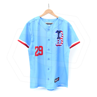 Seragam Jersey Baseball Pria Kancing Depan Warna Biru Muda Bahan Polyester Bernapas Logo Nomor Dewasa Pakaian Olahraga Tim Set Seragam Kustom Grosir