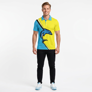 Polo de Manga Corta para Hombre con Estampado de Delfín, Bloques de Color Amarillo y Azul, Corte Casual, Tejido de Poliéster Transpirable, Estilo Regular - Product Image 2