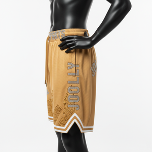 Short de basketball en molleton de coton 320 GSM de qualité supérieure, couleur moutarde, avec logo personnalisé par transfert thermique et strass - Product Image 3