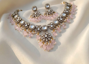 Ensemble de collier et boucles d'oreilles en quartz rose plaqué or de luxe, avec perles Polki, bijoux de mariage traditionnels indiens pour la mariée - Product Image 4