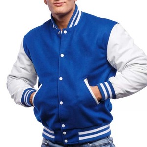 Unisex High Quality Blue Wool <b>White</b> Leather Sleeve Varsity <b>Jacket</b> New Condition Stand Collar with Chenille Embroidery Men <b>Jacket</b> - Product Image 1