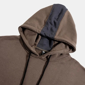 Men's Hooded Sweatshirt Brown Navy Patchwork Regular Fit Casual Knitted Cotton French Terry Autumn Wear - Product Image 3