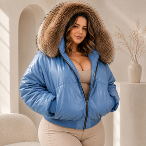 Women's Genuine Leather Puffer Jacket with Plaid Pattern <b>Fox</b> <b>Fur</b> Collar Zipper Closure Thin Windproof Winter Streetwear - Product Image 3