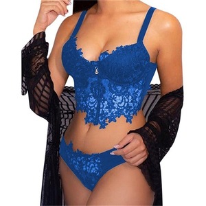 Ensemble de lingerie féminine 2 pièces en dentelle transparente, écologique et respirant, avec broderie florale, coussinets intégrés, soutien-gorge et culotte sexy transparents - Product Image 4