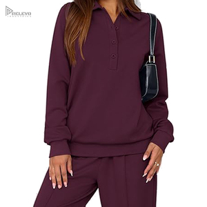 OEM Wholesale Autumn Winter Women Clothing Set Button Polo Neck Long Sleeve Pullover Tops and Wide Leg Sweatpants 2 Piece Lounge - Product Image 4