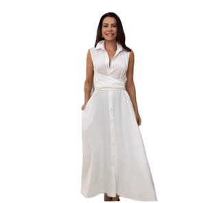 Women's Sleeveless Maxi Shirt Dress | Elegant Solid <b>White</b> <b>Wrap</b> Waist Dress with Pockets High Waist Straight Hem - Product Image 4