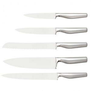 Ensemble de 5 couteaux de cuisine en acier inoxydable avec lames tranchantes, manches métalliques confortables, bloc de rangement en bois - Product Image 2