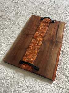 Artisan Luxury <b>Epoxy</b> Resin & Acacia Wood Multipurpose Serving Tray with Polished Gold Metal Handles for Housewarming & Wedding - Product Image 3
