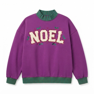 Women's Casual Green Knitted Embroidered Sweatshirt with <b>Red</b> <b>Gingham</b> Trim and Merry Letter Print Mock Neck Winter - Product Image 3