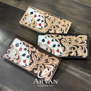 Beautiful Designer Men's Long <b>Wallet</b> Stylish Card Floral Design with Hand Tooled Genuine Leather Western Inspired Cash Holder - Product Image 1