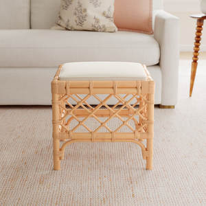 Taburete tapizado con base de ratán tejida a mano Elegante diseño Otomano - Product Image 2