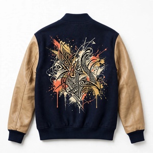 Veste d'hiver en laine avec manches en simili cuir, coupe-vent, écologique, imprimé graphique, col montant, fermeture à boutons pression, pour homme - Product Image 2