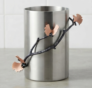 Porta Utensilios de Acero Inoxidable, Organizador de Cubiertos Cilíndrico con Rama de Hoja de Ginkgo en Oro Rosa para Cocina - Product Image 1