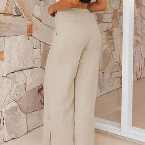 Women's Solid Color <b>Wide</b> <b>Leg</b> <b>Linen</b> Pants High Waist Elastic Loose Fit Full Length Casual Summer Style With Frayed Edges - Product Image 6