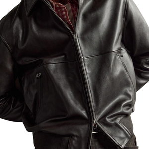 Men's Dark Brown Genuine Leather Oversized Blouson Jacket Shirt Collar <b>Zip</b> Front Relaxed Premium OEM Casual Streetwear Outerwear - Product Image 6