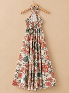 Floral Print Halter Neck Midi <b>Dress</b> A-Line <b>Boho</b> Style Sleeveless Viscose <b>Summer</b> Casual <b>Dress</b> Breathable Woven Fabric - Product Image 2