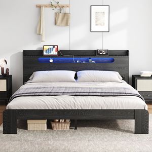 Letto Matrimoniale King Size con Struttura in Legno, Testiera Illuminata a LED e 2 Porte USB, Silenzioso, Senza Necessità di Rete a Doghe, con Vano Contenitore Integrato - Product Image 4