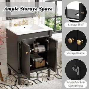 Mobile bagno moderno da 24 pollici con lavabo singolo e ripiani a 2 livelli, ampio mobiletto contenitore per bagno con lavabo singolo - Product Image 5