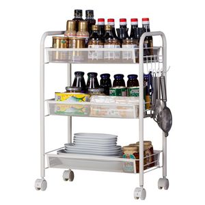 Carrello portaoggetti vintage industriale a 3 livelli con rete a nido d'ape, colore bianco avorio, con ganci - Organizzatori moderni - Product Image 1