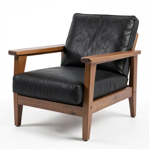 Sillón de Cuero Vacuno Genuino Negro con Estructura de Madera Maciza Marrón Natural, Sillón Moderno para Muebles de Sala de Estar - Product Image 1