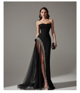 Elegant <b>Black</b> Maternity Evening Gown Strapless <b>Corset</b> Style Bodice Premium Fabric Sparkling Rhinestone Embellishment Sheer Tulle - Product Image 1